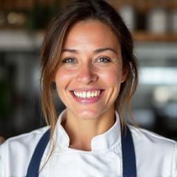 Portrait de Sophie Bertrand, Animatrice Ateliers Culinaires de Lumière Gourmande, pleine d'énergie et souriante, dans une cuisine.