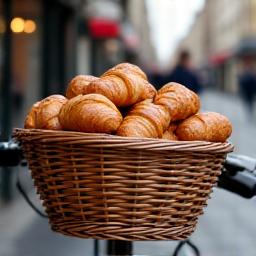 Un panier de viennoiseries fraîchement livrées et emballées, avec le flou d'un cycle à l'arrière-plan, suggérant une livraison matinale à Paris.
