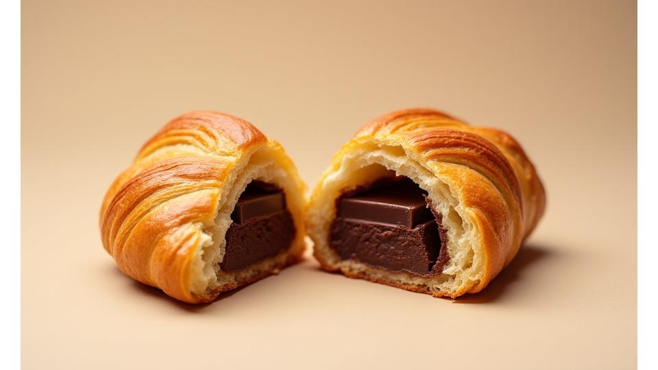 Un pain au chocolat doré et brillant, révélant des barres de chocolat noir fondu à l'intérieur.